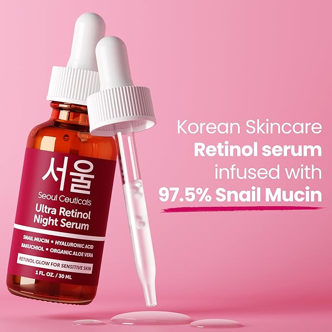 SeoulCeuticals 1% Korean Retinol Night Serum for Face - 97.5% Snail Mucin + Hyaluronic Acid + Bakuchiol, Cruelty Free K Beauty for Sensitive Skin 1oz
