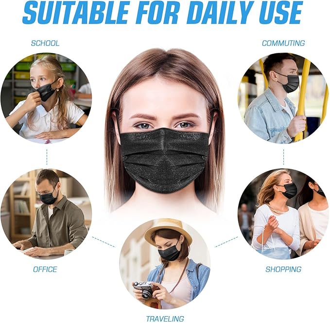 50 PCS Black Disposable Face Masks 3-Ply Filter Earloop Mouth Cover, Face Mask