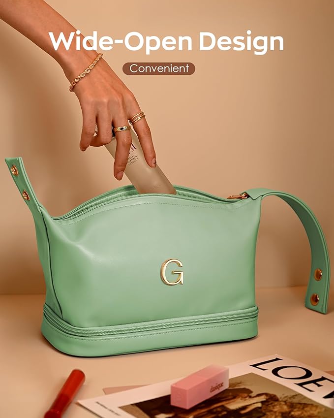 Teen Girl Gifts Trendy Stuff, Makeup Bags for Women with Handle, Initial Double Layer Cosmetic Bag with Makeup Brush Organizer, Birthday Gifts for 11 12 13 14 15 16 17 18 19 Year Old Girls