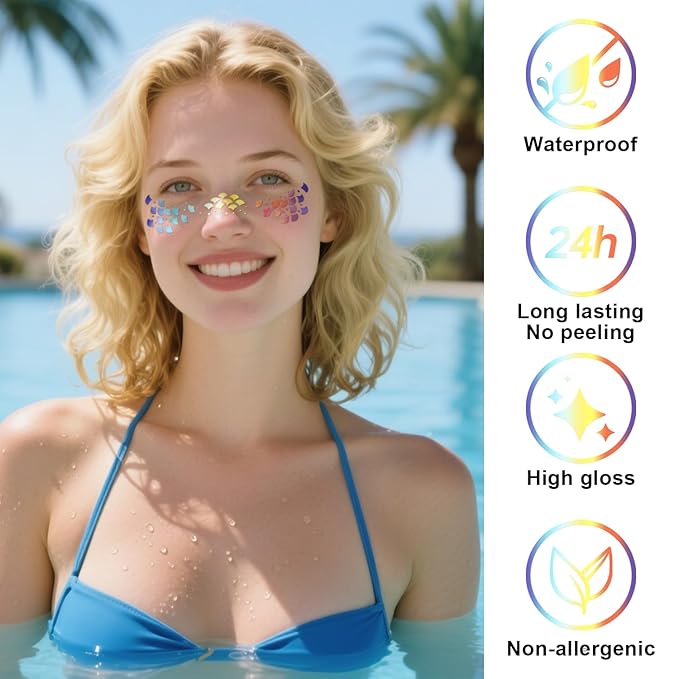 8 Pcs Holographic Multicolor Glitter Freckles Face Tattoo, Glow Up Cosmetic Glitter for Face, Sparkle Makeup Patches, Waterproof Face Speckles for Christmas (8PcsG Holographic Multicolor)