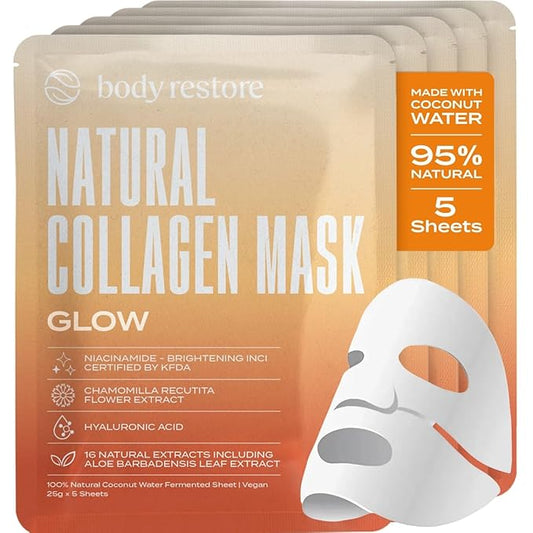 Body Restore Natural Collagen Face Mask 5 Pack โ Korean Skin Care Mask with Fermented Coconut Water, Christmas Stocking Stuffers, White Elephant, Birthday Gifts for Women & Men, Dry Skin - Glow
