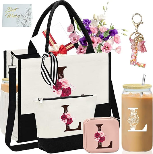 Birthday Gifts for Women,Initial Canvas Tote Bag,Monogrammed Gift for Women,16oz Initial Glass Cup,Makeup Bag with Zipper,Jewelry Organizer Box,Personalized Gifts for Mom-L