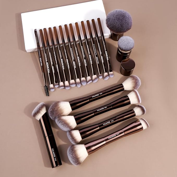 MAANGE 20 PCS Makeup Brush Set with Bag, Double-ended Kabuki Brush Foundation Contour Brush for Liquid Powder Concealer Eye Shadows Cream Cosmetics Blending Blush Face Makeup Tools with Case (Coffee)