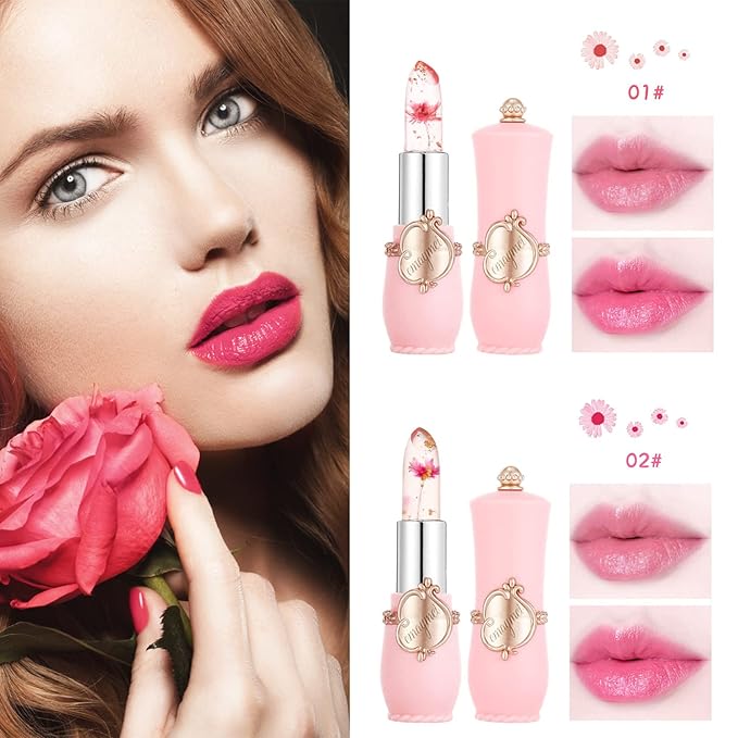 2 Pack Crystal Jelly Flower Lipstick,Magic Temperature Color Change Lip Gloss Lip Stick PH Clear Magic Lipstick Long Lasting Nutritious Moisturizing Lip Balm(Set A)