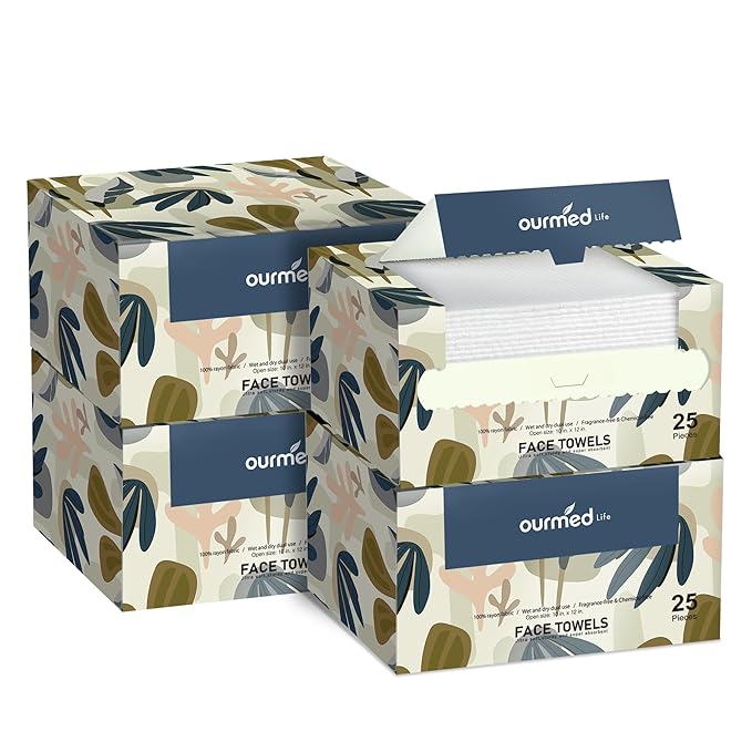 Ourmed Life Face Towels, Disposable Biodegradable Facial Towels for Sensitive Skin, Lint- free Face Wipes for Washing Face, Skincare and Makeup Remover, Dry Wipes, 10"×12" Extra Large, 100 Count