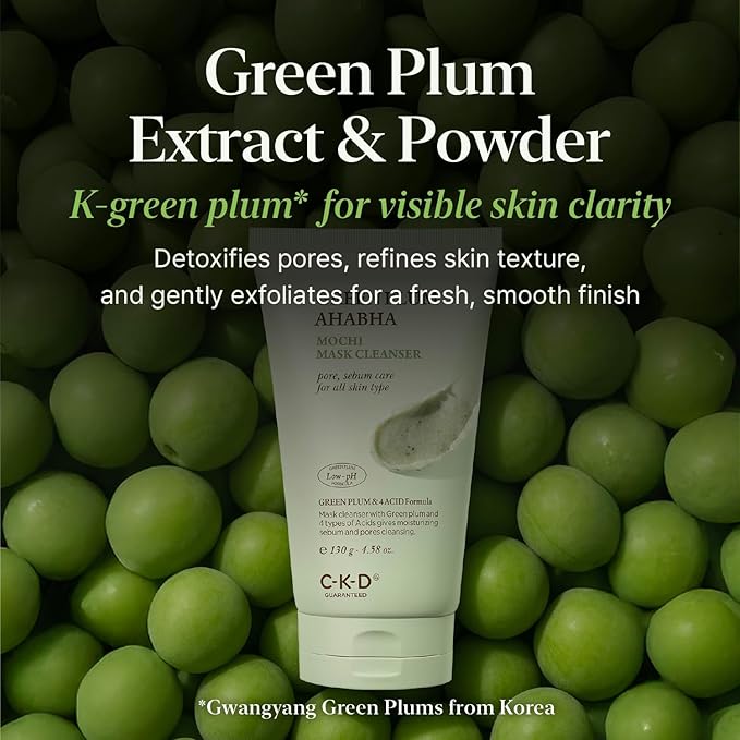 CKD Green Plum AHA·BHA Clay Mask Cleanser - All in One, Korean Face Wash + Makeup Remover + Gentle Scrub with Controls Sebum, Tightens Pores, Removes Blackheads. All Skin Types. 4.58 oz
