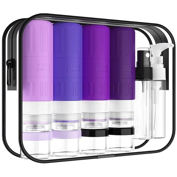GLAMFIELDS Travel Bottles for Toiletries,TSA Approved 3.3oz Size LeakProof Silicone Toiletry Containers for Shampoo, Conditioner,Easy to Squeeze,Portable Travel Essentials for Lotion(18 Pack) Purple