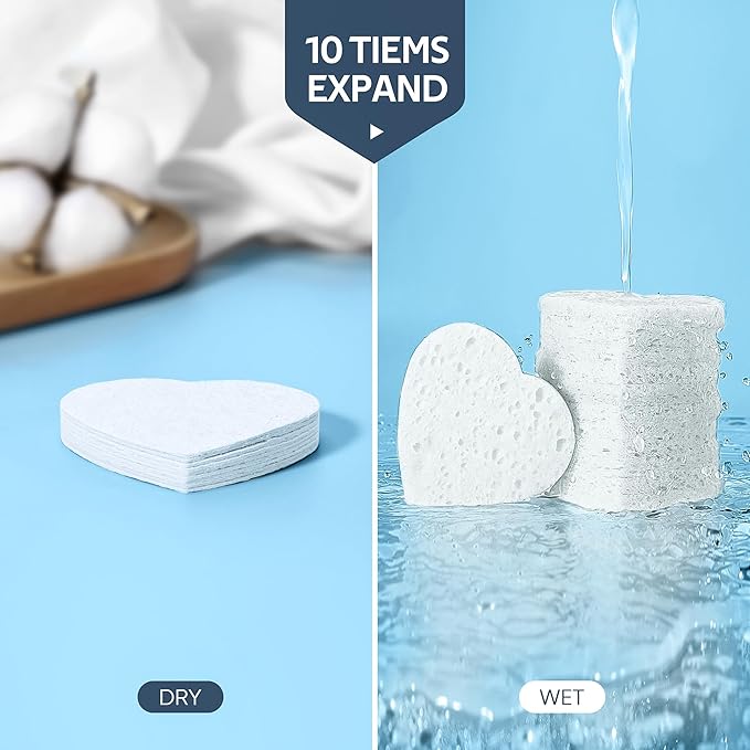50-Count Heart Shape Compressed Facial Sponges for Daily Facial Cleansing and Exfoliating, 100% Natural Cosmetic Spa Sponges for Makeup Remover, White