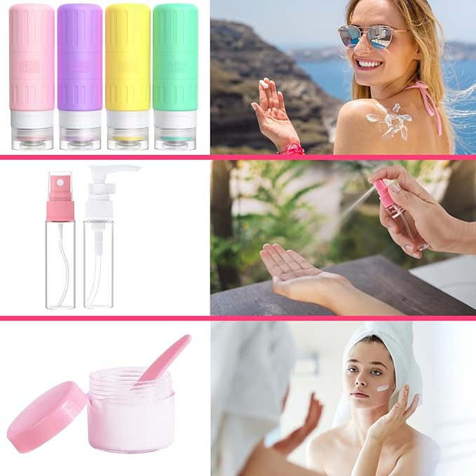 GLAMFIELDS Travel Bottles for Toiletries,TSA Approved 3.3oz Size LeakProof Silicone Toiletry Containers for Shampoo, Conditioner,Easy to Squeeze,Portable Travel Essentials for Lotion(18 Pack) Macaron