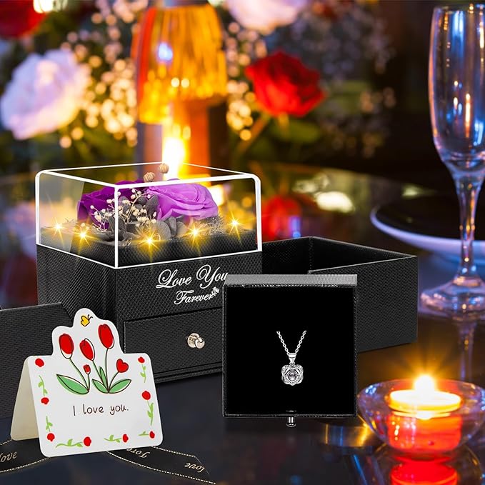 2 Preserved Real Rose with Heart I Love You Necklace- Eternal Rose Birthday Gifts for Women Wife Girlfriend Her Mom on Festivals Gifts Christmas Valentines Mothers Day Anniversary-2 Colour Purple