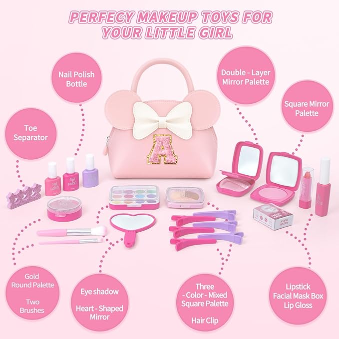 Kids Real Makeup Kit for Girls - 21Pcs Non-Toxic Make Up Toys with Initial Toddler Purse - Personalized Birthday Gifts for Age 5 6 7 8 9 10 Years Old Girls Vanity Set - N