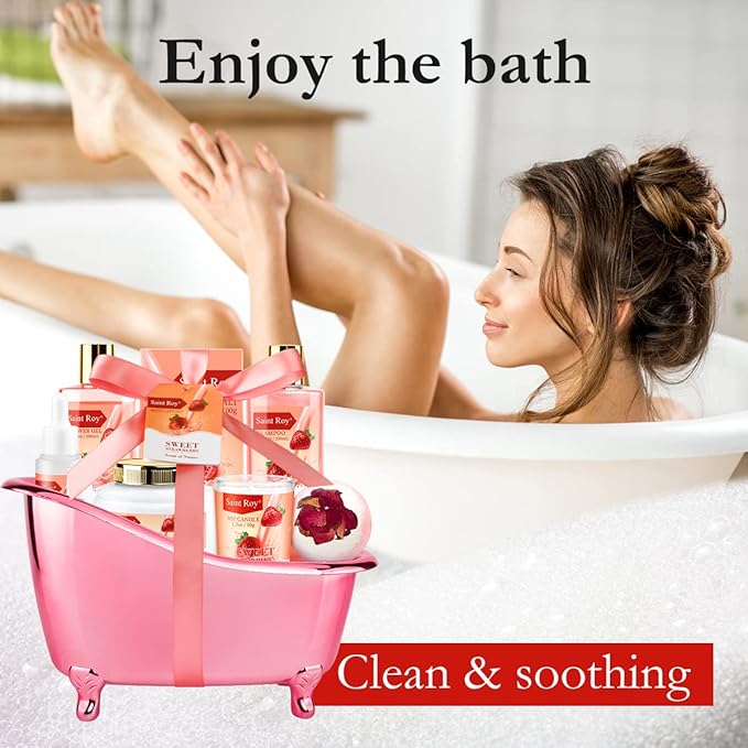 Mother's Day Gifts for Mom SPA Gifts for Her Gift Baskets for Women, Spa Gifts for Mom Strawberry Scent - Rich in Jojoba Oil Shea Butter with Body Lotion, Bath Bomb, Care Package, Birthday Gift
