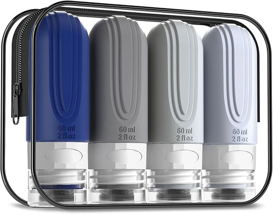 Travel Bottles for Toiletries, Tsa Approved 2oz Travel size Bottles, BPA Free Leak Proof Travels Toiletry Containers, Traveler Accessories with Toiletry Bag for Shampoo Liquid (4 Pack)