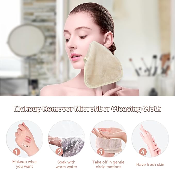 Nugilla Makeup Remover Cloths, 8 Packs Makeup Remover Towels Reusable Face Wash Cloth, Soft Makeup Remover Microfiber Face Cloth for Women(Beige)