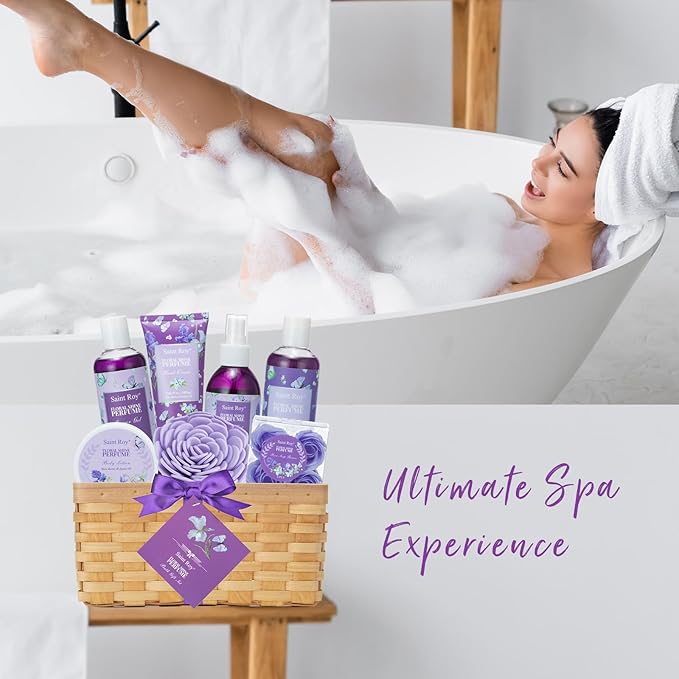 Bath & Shower Spa Basket Gift Set, Floral Perfume Scent, with Shower Gel, Bubble Bath,Body Lotion, Bath and Body Gift Box for Women, Self Care Gifts Basket for Her, Birthday Gifts