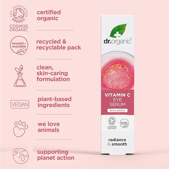 Dr. Organic Vitamin C Eye Serum | Brightening & Illuminating for Dull Under Eyes, Vegan, Natural, Cruelty-Free, Paraben & SLS-Free, Certified Organic, 15 mL / 0.5