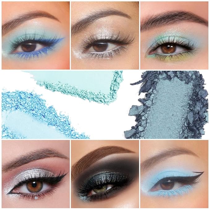 Matte Blue Shimmer Eye Shadow Palette Makeup,Eyeshadow Long Lasting Waterproof Cruelty-Free, 9 Blendable Shades in Smooth Matte and Shimmer Finishes with Gorgeous Pearls for Woman