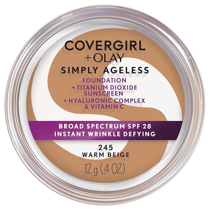 COVERGIRL Simply Ageless Instant Wrinkle Defying Foundation, SPF 28, Hyaluronic Complex & Vitamin C - 245 Warm Beige, Pack of 1