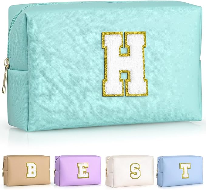 TOPEAST Preppy Bag, Monogrammed Makeup Bags with Zipper, Cute Makeup Pouch, Initial Birthday Gifts Bag for Daughter Friends Sister, Preppy Things for Girls (Blue H)