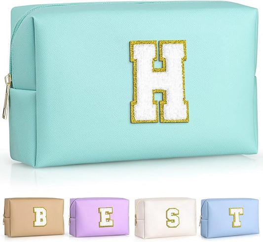 TOPEAST Preppy Bag, Monogrammed Makeup Bags with Zipper, Cute Makeup Pouch, Initial Birthday Gifts Bag for Daughter Friends Sister, Preppy Things for Girls (Blue H)