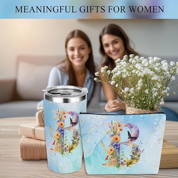 Personalized Gifts Monogrammed Birthday Gifts for Women, Cowerker Mom Mothers Day Christmas Initial 20 oz Tumbler, Makeup Bag Cup Ballpoint Pens Journal Notebook 6 Set, (Aesthetic Blue Flower B)