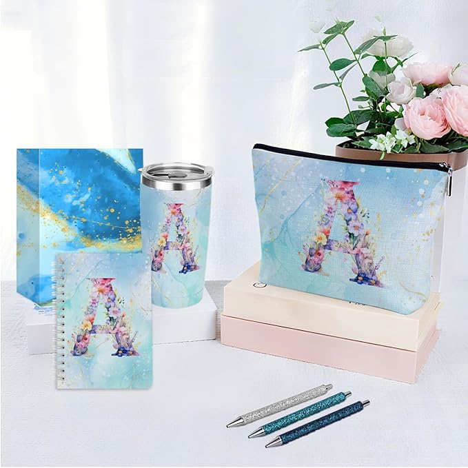 Personalized Gifts Monogrammed Birthday Gifts for Women, Cowerker Bride Appreciation Christmas Initial 20 oz Tumbler, Makeup Bag Cup Ballpoint Pens Journal Notebook 6 Set, (Aesthetic Blue Flower A)