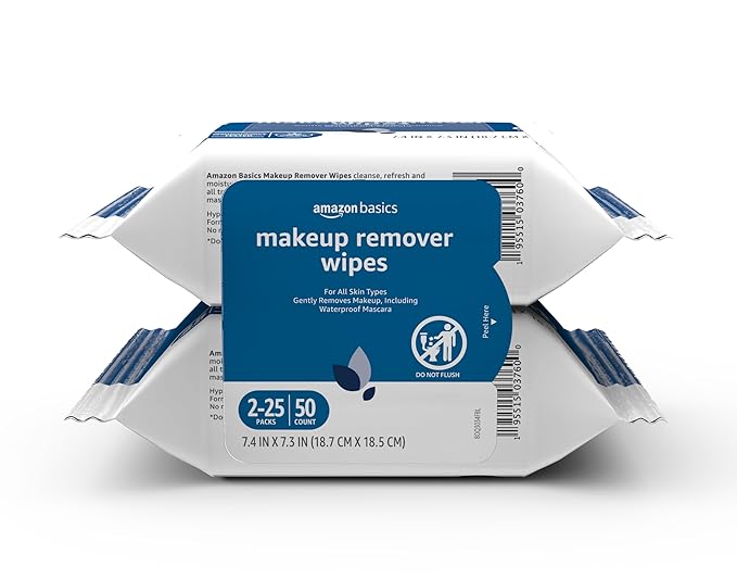Amazon Basics Makeup Remover Wipes, Gentle Cleansing, Dermatologist Tested, Original, Plant Based, Alcohol Free, Removes Waterproof Mascara, 25 Count Per Pack, Pack of 2 (Previously Solimo)