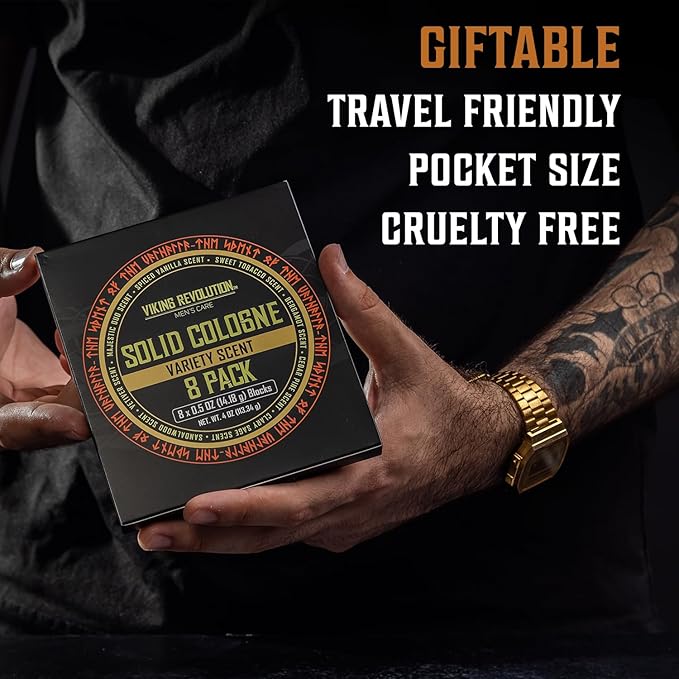 Viking Revolution 8 Pack Solid Cologne for Men - Men's Cologne Gift Set Including Sandalwood, Vetiver, Sweet Tobacco, Clary Sage, Spiced Vanilla, Cedar Pine - Travel Size Gifts for Men (0.5 Oz each)