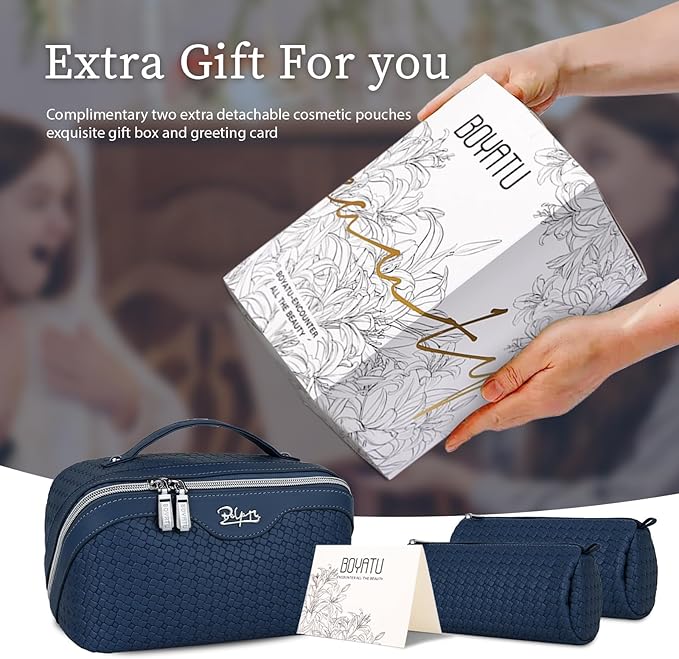 BOYATU Travel Makeup Bags for Women: Large Cosmetic Bag - 3 Set Make up Bags with Compartments - Vegan Leather Makeup Organizer Wide Open Portable Pouch (L20 Blue)