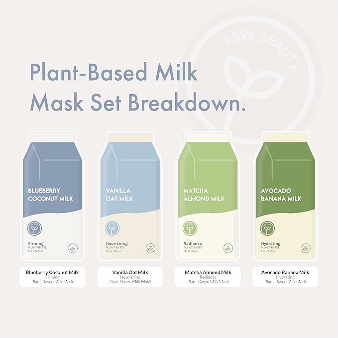 ESW Beauty Plant-Based Milk Face Masks - 4-Pack Skincare Set - Hydrating, Radiance, Firming & Soothing with Avocado, Matcha, Blueberry, Vanilla & Oat Extracts for All Skin Types
