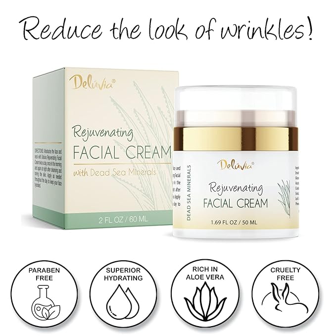 Deluvia Rejuvenating Facial Cream | Organic Aloe Vera, Coconut Oil, Vitamin C + E | Dead Sea Minerals | Daily Face Lotion for Dry Skin, Sensitive Skin