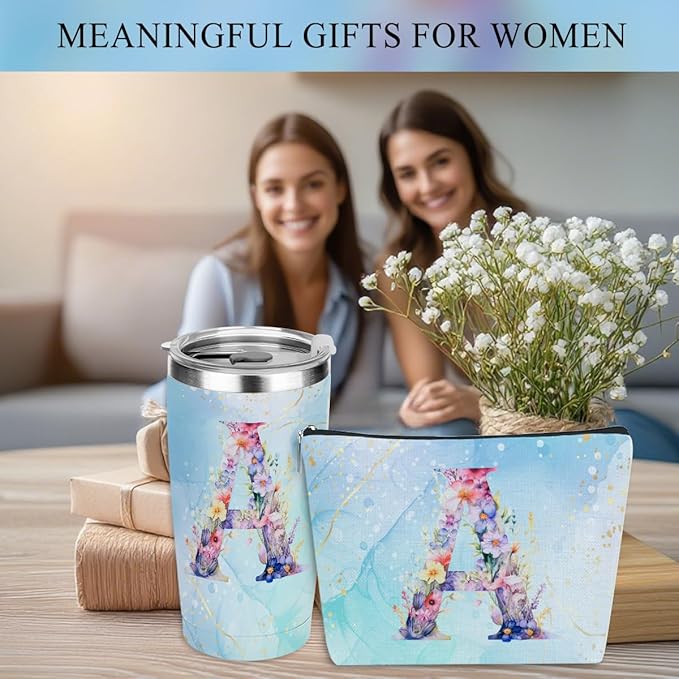 Personalized Gifts Monogrammed Birthday Gifts for Women, Cowerker Bride Appreciation Christmas Initial 20 oz Tumbler, Makeup Bag Cup Ballpoint Pens Journal Notebook 6 Set, (Aesthetic Blue Flower A)