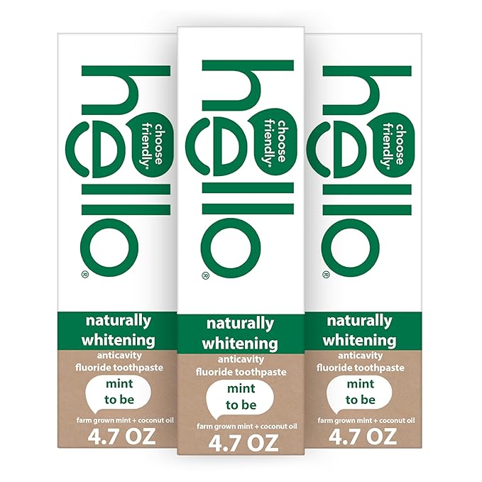 hello Naturally Whitening Fluoride Toothpaste, Natural Whitening Toothpaste with Coconut Oil and Tea Tree Oil, Tames Bad Breath, Helps Moisturize, and Fights Cavities, Mint, 3 Pack, 4.7 Oz Tubes