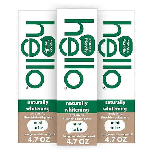 hello Naturally Whitening Fluoride Toothpaste, Natural Whitening Toothpaste with Coconut Oil and Tea Tree Oil, Tames Bad Breath, Helps Moisturize, and Fights Cavities, Mint, 3 Pack, 4.7 Oz Tubes