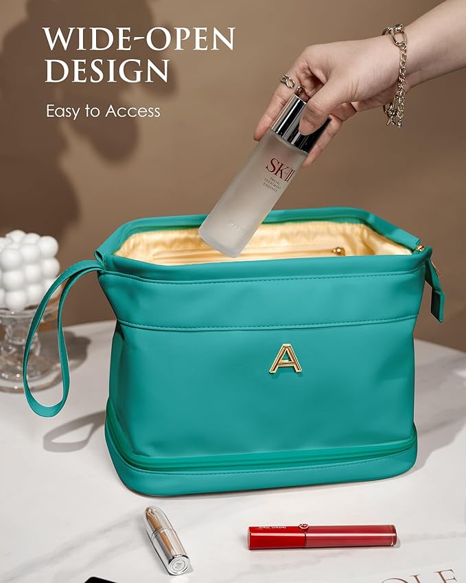 Wedding Gifts, Birthday Gift for Her, Makeup Bags, Waterproof Double Layer Cosmetic Bag, Large Capacity PU Leather Makeup Bags Letter Travel Toiletry Bag, Initial Gifts for Coworkers