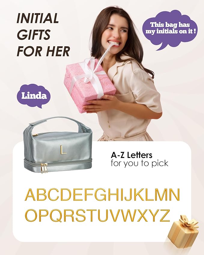 Gifts for Young Women, Personalized Makeup Bag with Handle, Initial Double Layer Cosmetic Bag with Makeup Brush Organizer, Cute Cosmetic Pouch for Women, Gifts for Friends Female Mom