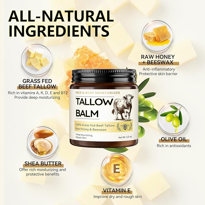 Beef Tallow for Skin, Organic Tallow and Honey Balm for Face, Natural Face Moisturizer, Grass Fed Beef Tallow Skin Care Cream Body Butter, Deep Hydrate and Nourish Dry Skin