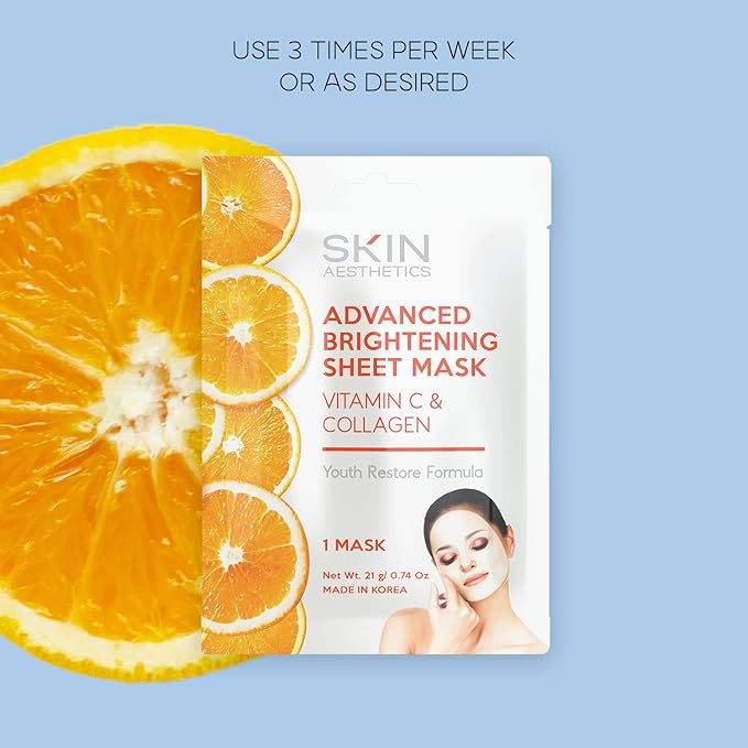 Vitamin C & Collagen Sheet Face Mask - Reduces Wrinkles & Age Spots, Hydrating - Dermatologist Tested Korean Skincare - Clean Beauty, Cruelty-Free - 5 Masks