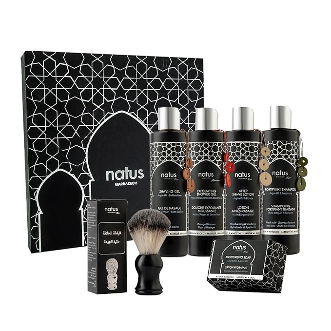 Argan Oil Beauty Gift Set for Men - Soap, Shampoo, Shower Gel, Shaving Gel, After Shave & Shaving Brush - All Skin/Hair Types - Vegan and Natural