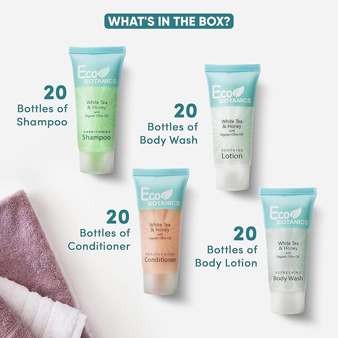 Eco Botanics Toiletries Set | 1-Shoppe Amenities Kit | 0.85oz Shampoo & Conditioner, Body Wash, Lotion | Travel Size | 80 Pieces