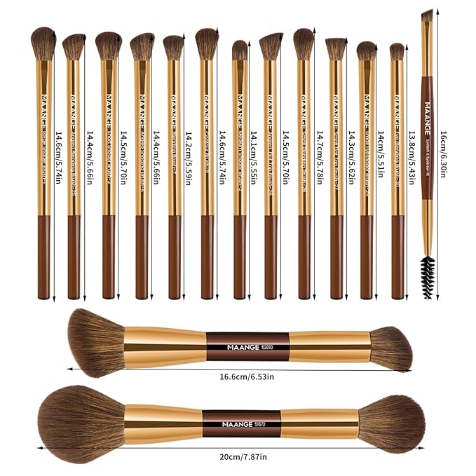 MAANGE 15 PCS Makeup Brushes Double-ended Makeup Brush Set Double Sided Angled/Round Top Brush Foundation Contour Blending Eyebrow Eyeshadow Concealer (Coffee Gold)