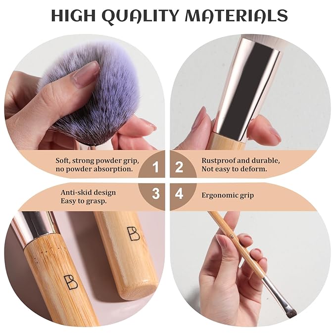 BS-MALL Travel Makeup Brushes Kabuki Premium Synthetic Foundation Powder Concealers Eye Shadows 7 PCS with Triangle Puff & Storage Bag (Bamboo)