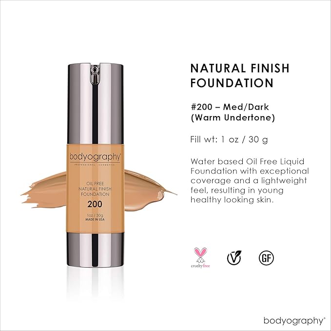 BODYOGRAPHY - NATURAL FINISH Foundation (Med/Dark#200): Oil-Free Anti-Aging Salon Natural Finish w/ Vitamin E, C, Antioxidants | Vegan, Gluten-Free, Paraben-Free