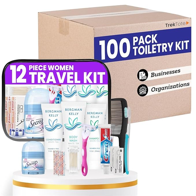 Trektote Travel Toiletry Kit For Women – (100 Pack) 12 Piece Set Of Travel Size Toiletries, TSA Compliant, Travel Essentials, Includes Shampoo And Conditioner, Body Wash, Toiletry Bag & More