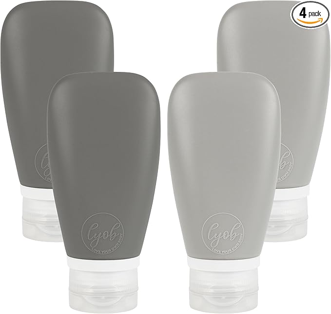 Travel Bottles for Toiletries, TSA Approved 3oz Leak Proof Silicone Soft Refillable Squeeze Travel Size Containers BPA Free for Cleansers, Lotions, Shampoo, Conditioner 4pk (2Black-2Gray)