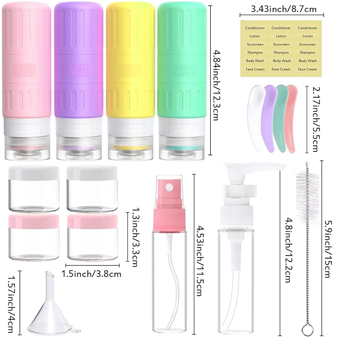 GLAMFIELDS Travel Bottles for Toiletries,TSA Approved 3.3oz Size LeakProof Silicone Toiletry Containers for Shampoo, Conditioner,Easy to Squeeze,Portable Travel Essentials for Lotion(18 Pack) Macaron