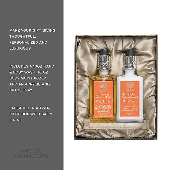 Antica Farmacista Acrylic Bath & Body Gift Set - Hand & Body Wash (10 oz), Body Moisturizer (10 oz) & Acrylic Tray - Self-Care Gift Box for Holidays & Housewarming - Orange Blossom, Lilac & Jasmine