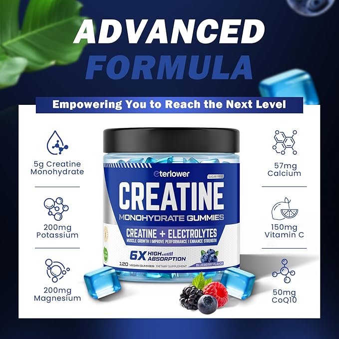 Creatine Monohydrate Gummies for Men & Women, 5g Flavored Creatine Gummy with Electrolytes for Muscle Strength, Muscle Builder, Energy Booster, Pre Workout Supplement, Sugar-Free & Vegan, 120 Count