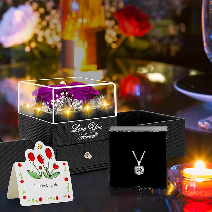 2 Preserved Real Rose with Heart I Love You Necklace- Eternal Rose Birthday Gifts for Women Wife Girlfriend Her Mom Grandma on Festivals Gifts Christmas Valentines Mothers Day Anniversary-Purple Roses