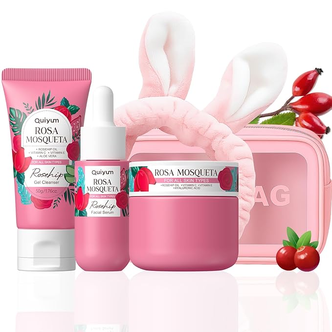 Rosehip Skin Care Set, Beauty Skincare Gift Sets, Natural Facial Skin Care Products, Korean Style Skincare for Women, Nourishing, Hydration, Glow Up, 3PCS